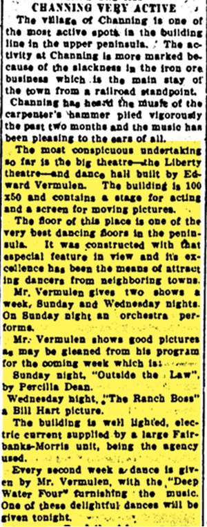 July 1921 article Liberty Theatre, Channing